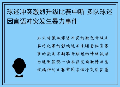 球迷冲突激烈升级比赛中断 多队球迷因言语冲突发生暴力事件