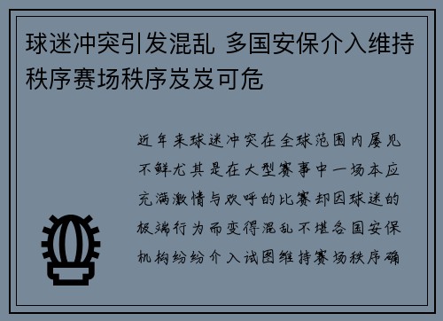 球迷冲突引发混乱 多国安保介入维持秩序赛场秩序岌岌可危