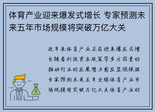 体育产业迎来爆发式增长 专家预测未来五年市场规模将突破万亿大关