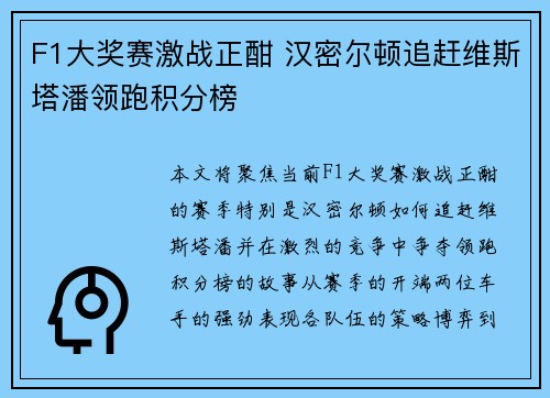 F1大奖赛激战正酣 汉密尔顿追赶维斯塔潘领跑积分榜