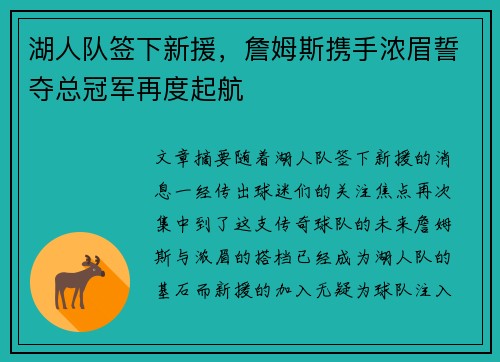 湖人队签下新援，詹姆斯携手浓眉誓夺总冠军再度起航