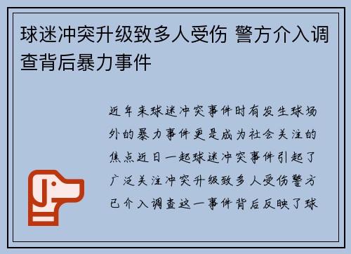 球迷冲突升级致多人受伤 警方介入调查背后暴力事件